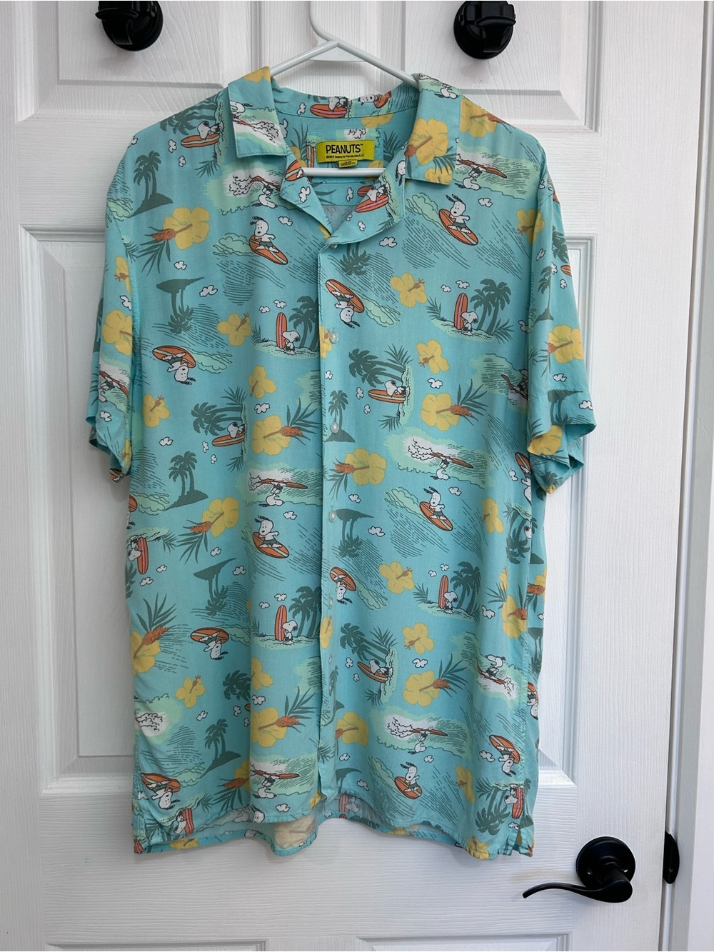 Peanuts Aqua Surfing Snoopy Short-Sleeve Button-Down Shirt